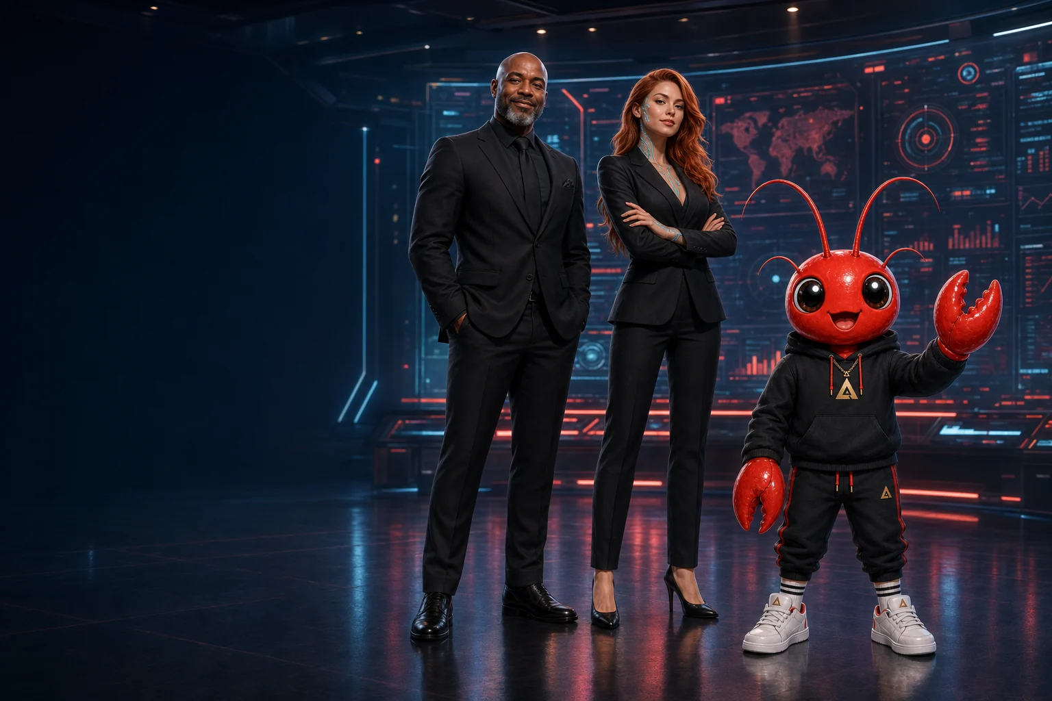 Denderson, a Naia e o mascote OpenClaw diante de painéis holográficos azuis, a equipe da sua operação de inteligência artificial
