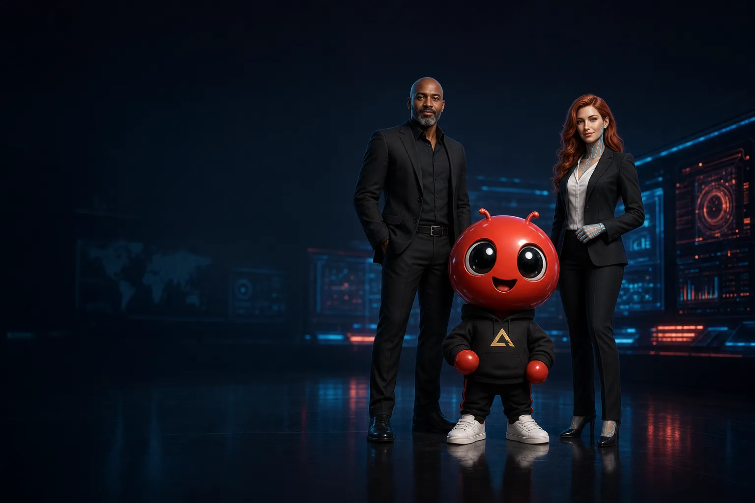 Denderson, a Naia e o mascote OpenClaw diante de painéis holográficos azuis, a equipe da sua operação de inteligência artificial